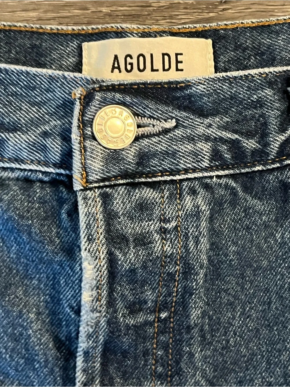 AGOLDE Blue Parker Long Denim Shorts Size 34 Raw Hem Distressed Organic Cotton